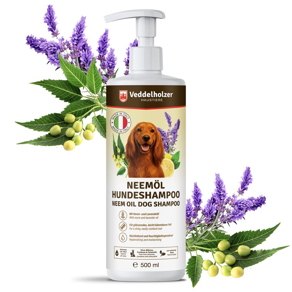 Veddelholzer 500 ml Natürliches Neemöl Hunde Shampoo sanfte Haut- & Fellpflege, lindert Juckreiz gegen Flöhe, Zecken für Rückfettend & Feuchti...