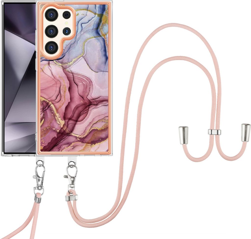 Galaxy S24 Ultra Handykette Hülle, Muster TPU Bumper Schutzhülle mit verstellbarem Tragegurt für Samsung Galaxy S24 Ultra Rosa