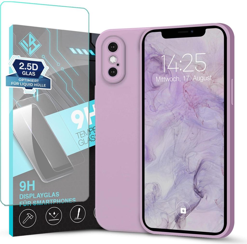 Hülle für Apple iPhone X mit 9H Displayglas Displayschutz Plus Case Cover Bumper Silikon Softgrip Schutzhülle Farbe: Lila