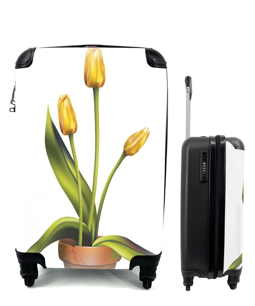 MuchoWow Koffer Handgepäck Trolley Rollkoffer Kleine Reisekoffer mit 4 Rollen - Eine Illustration von drei gelben Tulpen in einem Tontopf - Cabi...