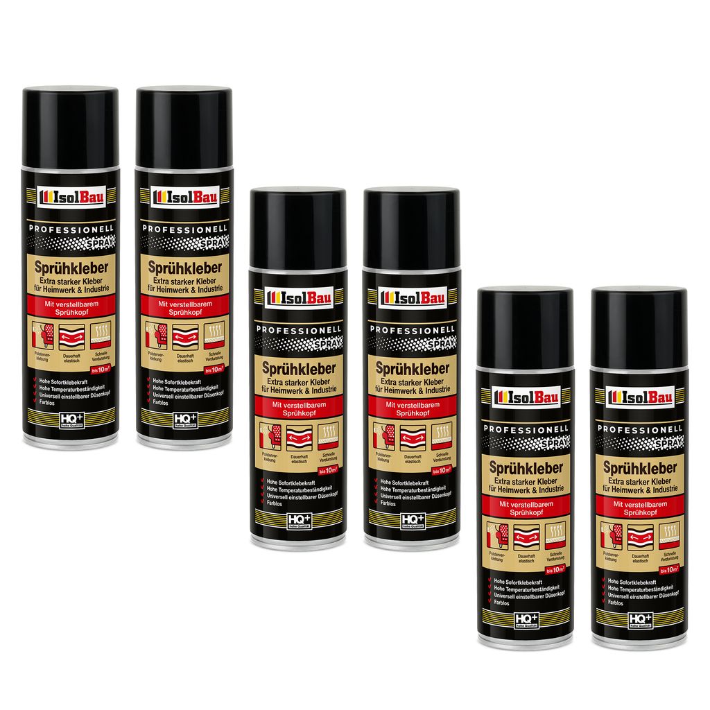 Isolbau Sprühkleber - 6 x 500 ml Extra starker Kleber für Heimwerk & Industrie - Klebe-Spray für Schaumstoff, Holz, Stoff, Leder, Filz uvm