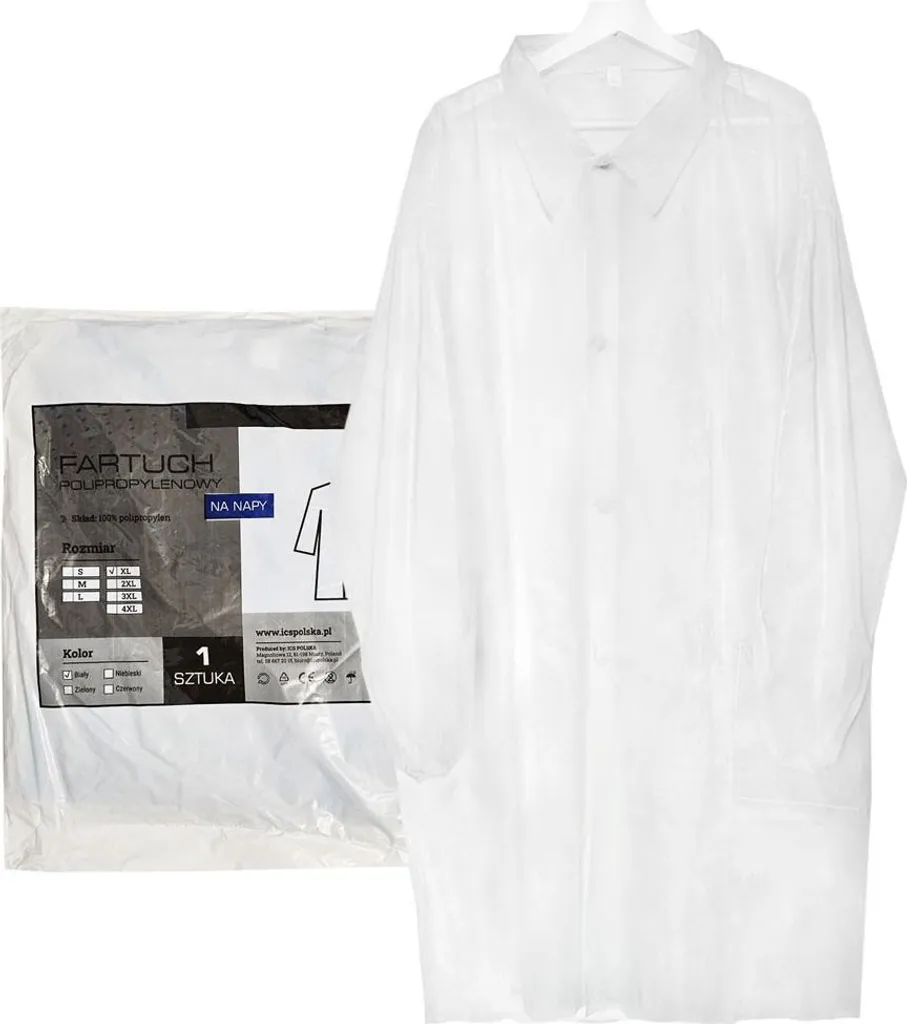 Grembiule monouso, bianco, taglia XL, con bottoni a pressione (22 g di tessuto non tessuto), 1 pezzo.