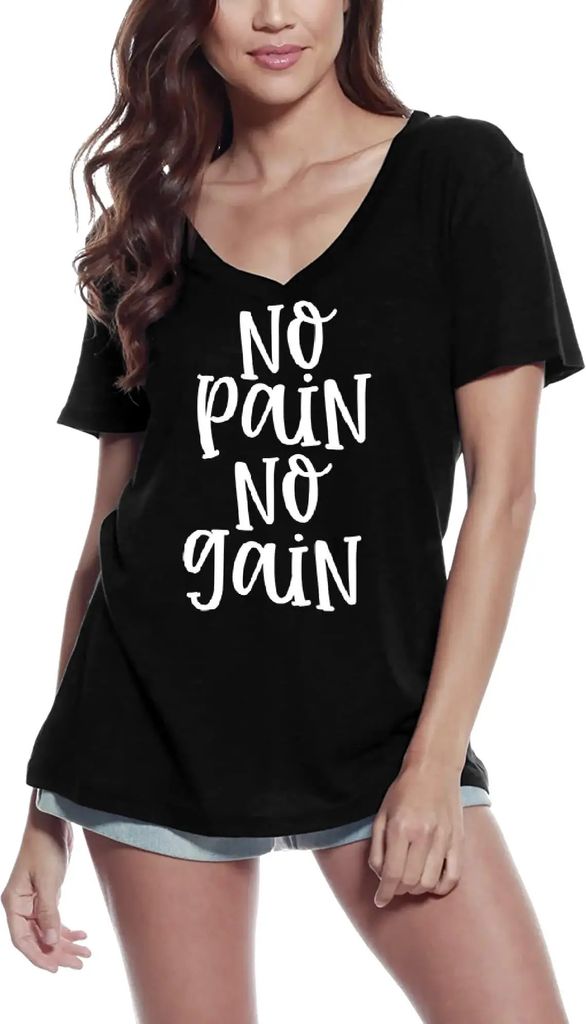 Damen Grafik T-Shirt V-Ausschnitt Kein Schmerz Kein Gewinn – No Pain No Gain – Öko-Verantwortlich Vintage Jahrgang Kurzarm Lustige Druck Gebur...