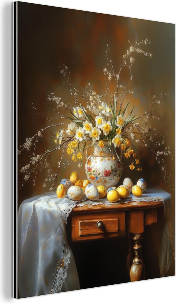 MuchoWow Wanddekoration Metall Metallbild Wandkunst 30x40 cm Ostereier - Stillleben - Vase MuchoWow Aluminium Gemälde - Bilder