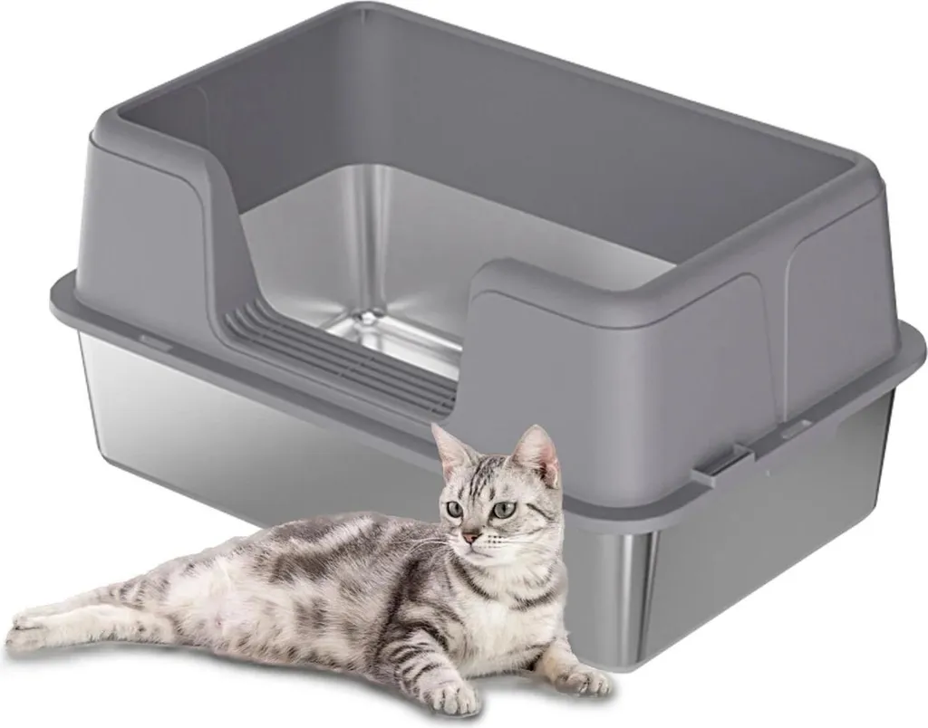 Bac à litière anti-odeur en inox gris taille M avec bordure amovible