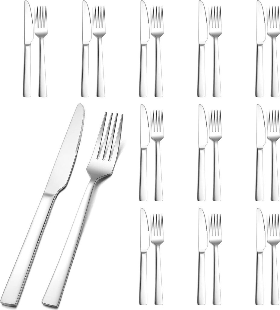 Steakbesteck, 24-teilig Edelstahl Steakbesteck Set für 12 Personen, Silber Steakmesser und Steakgabeln, Hochwertig Messer Gabeln Set für Pizza/St...