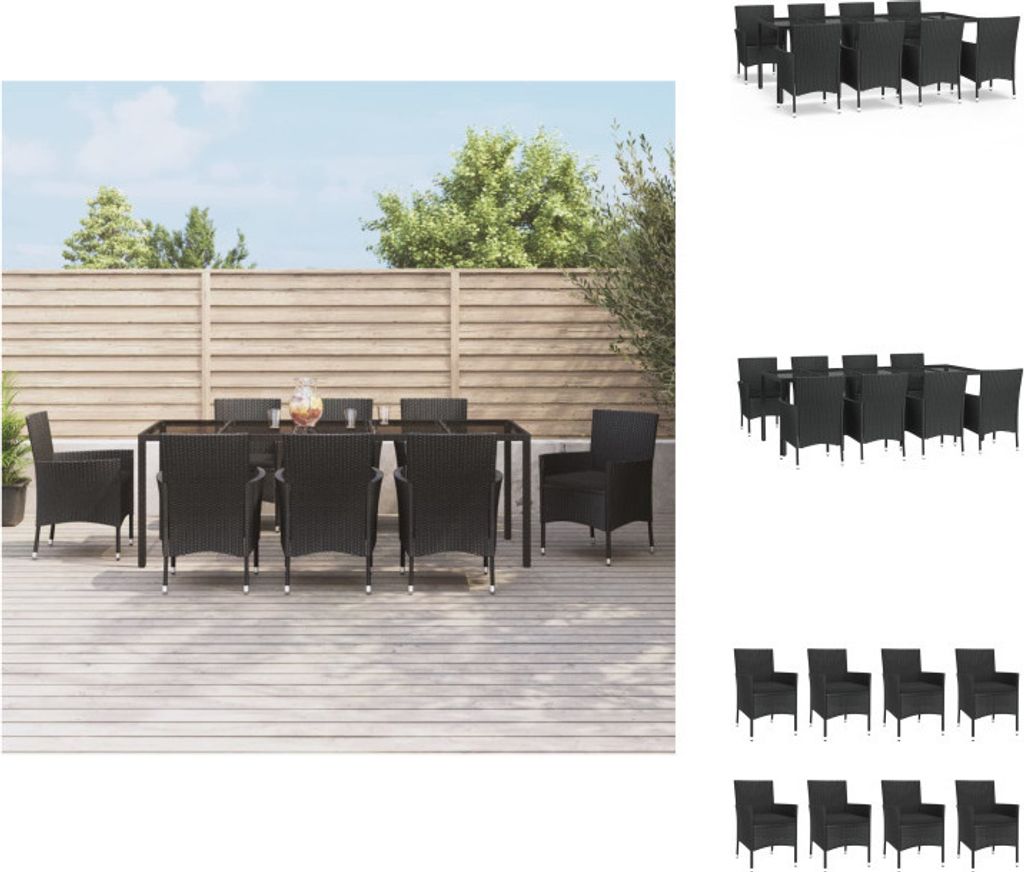 vidaXL 9-tlg. Garten-Essgruppe mit Kissen Schwarz Poly Rattan - Gartenmöbel-Sets