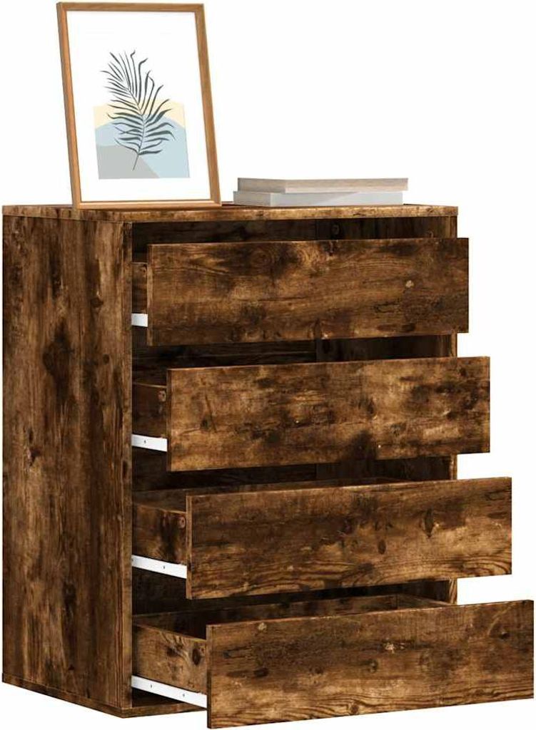 A wooden chest of drawers with several drawers pulled out, displayed against a white background. A framed picture and a stack of books are placed on top of the chest.