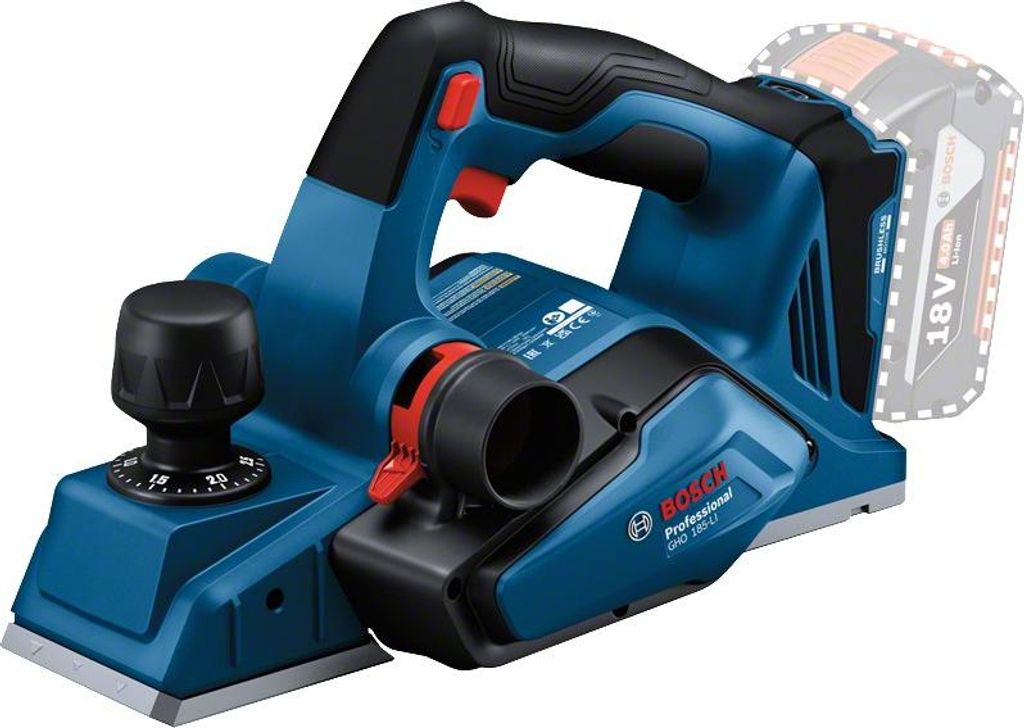 A blue and black power tool, a Bosch GHO 185-LI Akkubügeleisen, is shown against a white background. A battery pack is partially visible in the background.