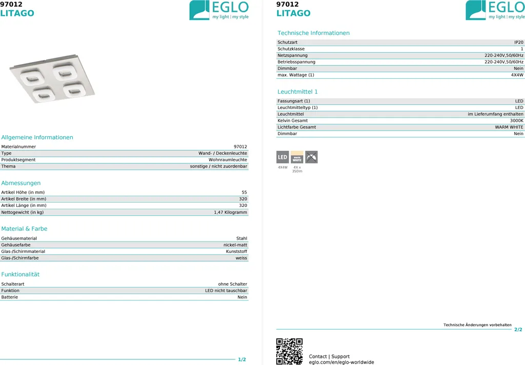 Plafoniera LED Eglo Litago 97012 4 Luci Design Contemporaneo Nichel - 2