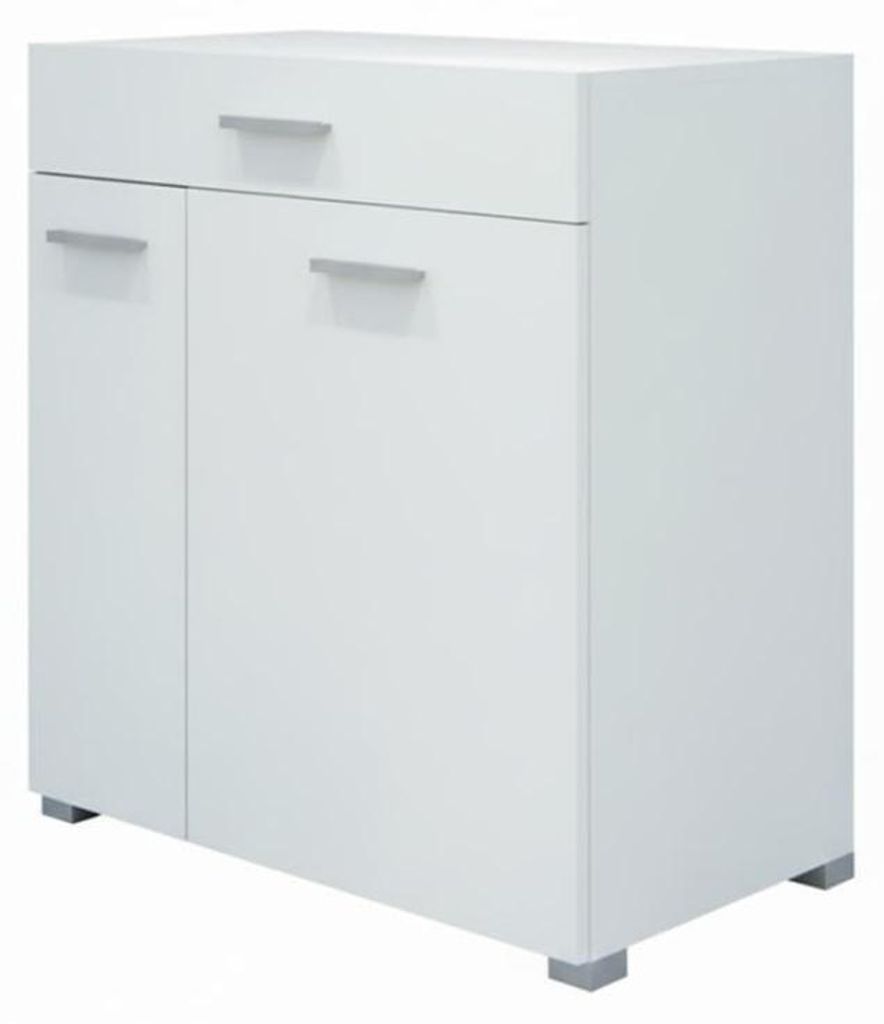 A white bathroom cabinet with a drawer and two doors.