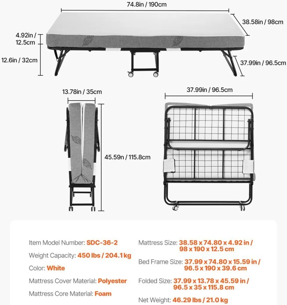 Lit d'appoint pliant mobile - Lit de camp avec matelas confort 12,5 cm - 7