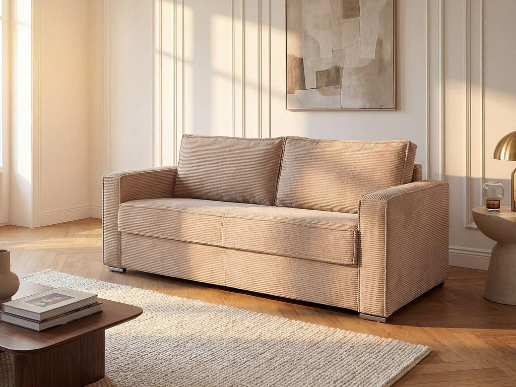 Express 3-Sitzer Schlafsofa in taupefarbenem Cord - Schlafbereich mit 140 cm breiten Latten - 14 cm Matratze - LORETO