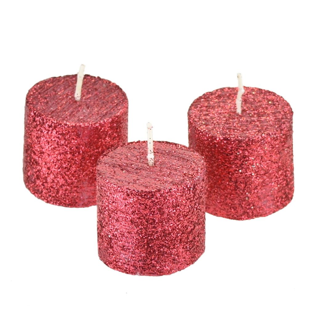 Świeczki z czerwonym brokatem 3,8 cm - 3 szt. Zdjęcie produktu 