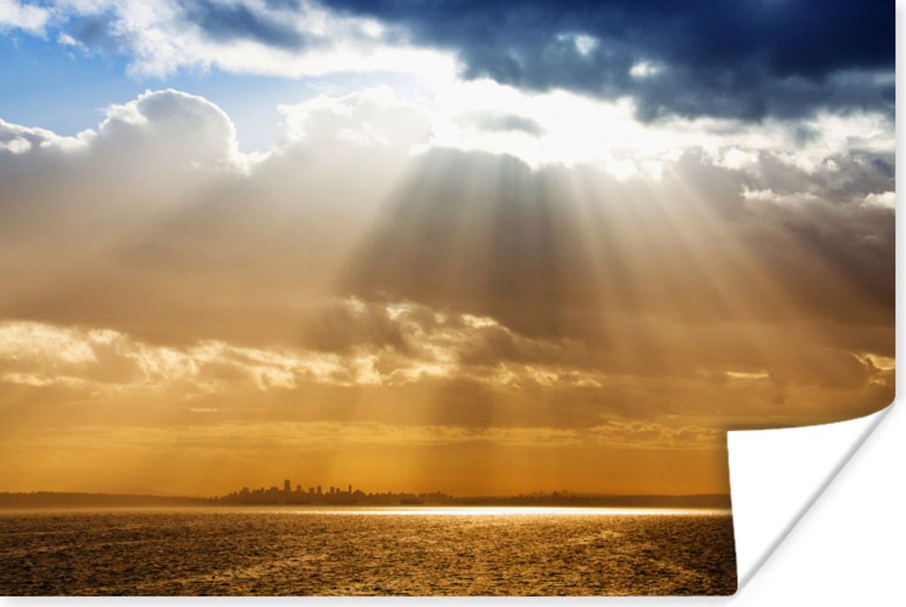 MuchoWow Poster Sonnenstrahlen in der Dämmerung vom blauen Himmel im kanadischen Vancouver 180x120 cm - Fotoplakat