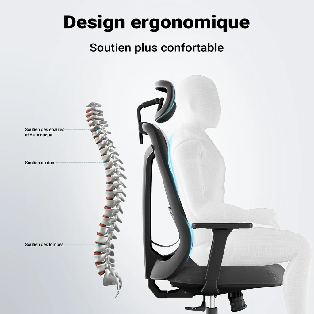 Wiltec Fauteuil de bureau ergonomique 150kg réglable avec appuie-tête - 6