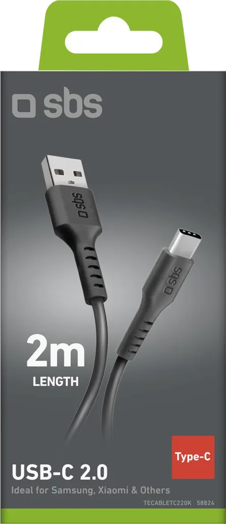 Câble USB-C sbs 2 mètres avec connecteurs renforcés et charge stable