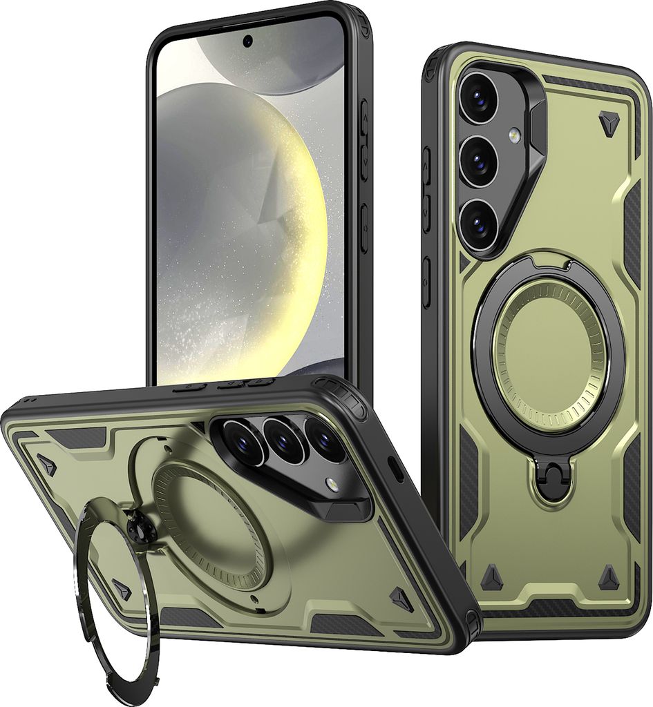 Dual Layer Hülle für Samsung Galaxy S24 Metall Ring Ständer Magnetisch Stoßfest Militär Handyhülle Grün