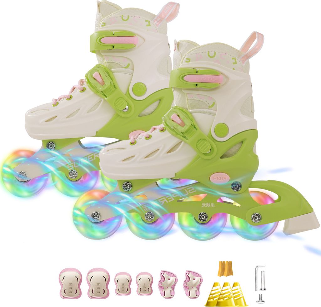 Inliner Skates für Kinder, Verstellbare 5 Größen Inline Rollschuhe Quad mit Leuchtenden Rädern für Mädchen Jungen,Hellgrün,S:27-32 EU