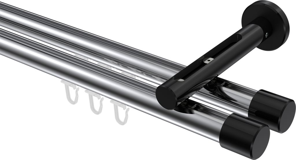 Interdeco Innenlaufstange / Gardinenstange mit Innenlauf Chrom / Schwarz, Typ Siteno Santo (Kappe), 20 mm Ø 2-läufig, 200 cm