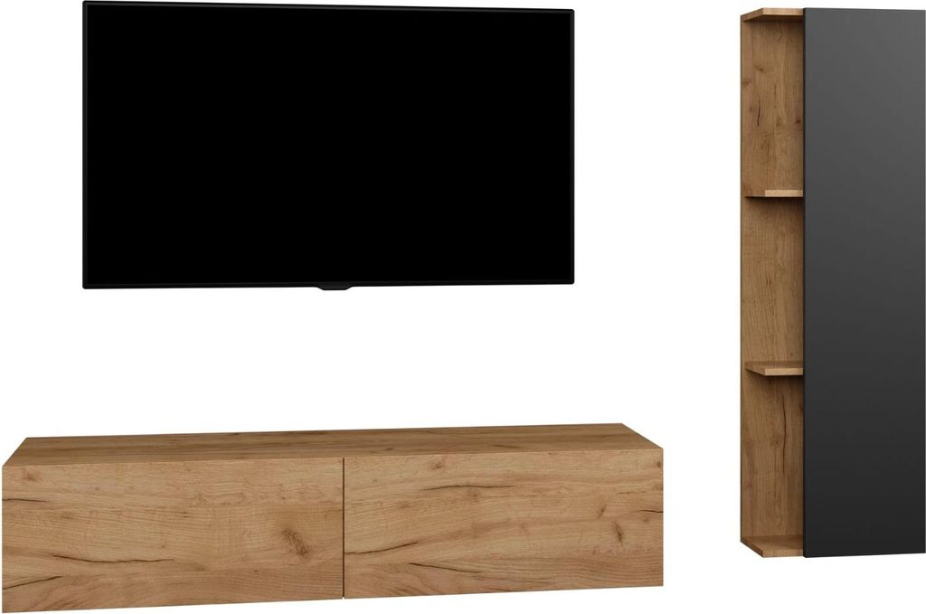 Planetmöbel Fernsehtisch 140 cm lang & 1x TV-Schrank 40 cm hängend Gold Eiche