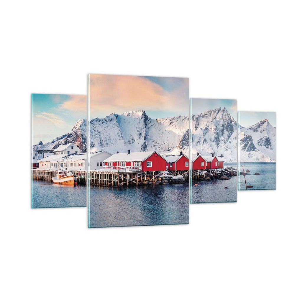 Bilder auf glas - 4 Teile - Lofoten Dorf Angeln - 160x90cm - Glasbilder - Wandbilder - Bilder - zum Aufhängen bereit - Wanddekoration aus Glas - G...
