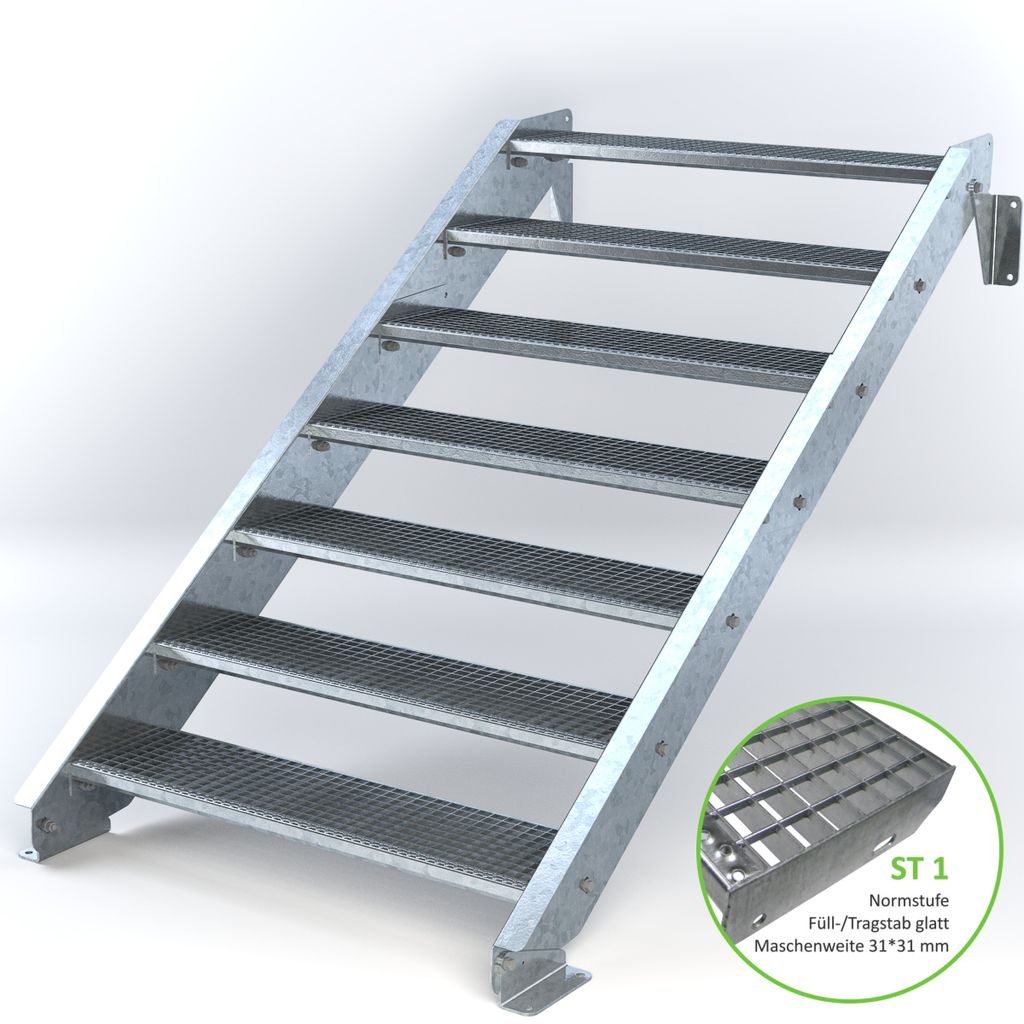Stahltreppe 7 Stufen bis Höhe 140 cm, Laufbreite : 110 cm kein Geländer ST 1 (31 / 31 mm)