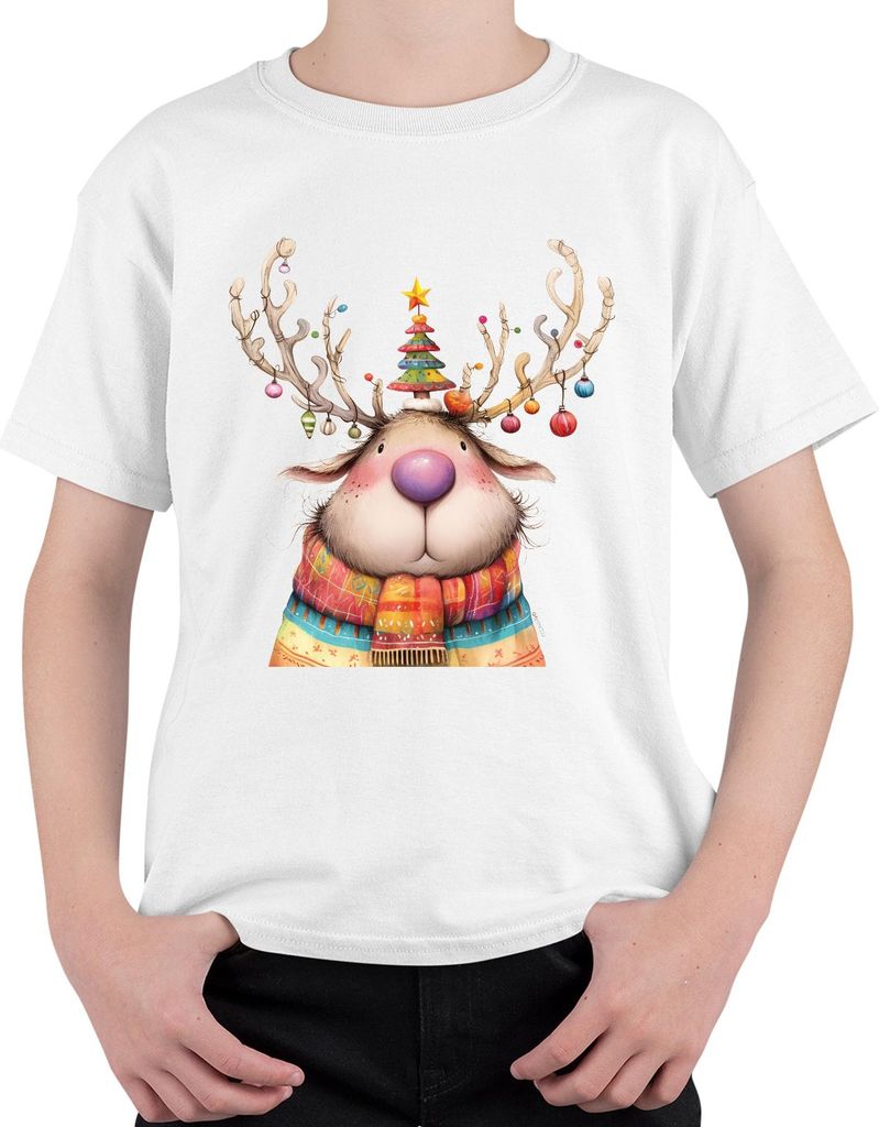 Niedliches Weihnachtsrentier rosa Nase bunter Schal Geschenk Uni Kinder T-Shirt, Weiß, 128