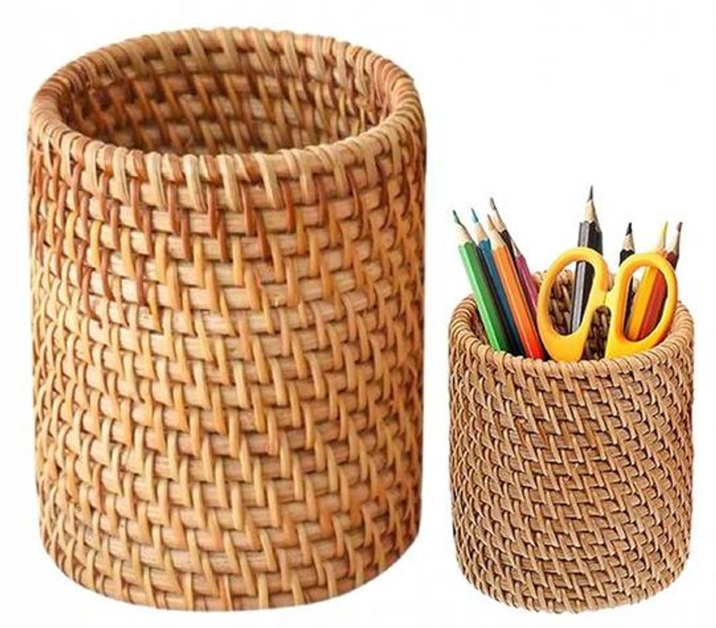 Holz-Büro-Assistent mit Füllfederhalter und Füllfederkoffer in Rattan-Textil-Look