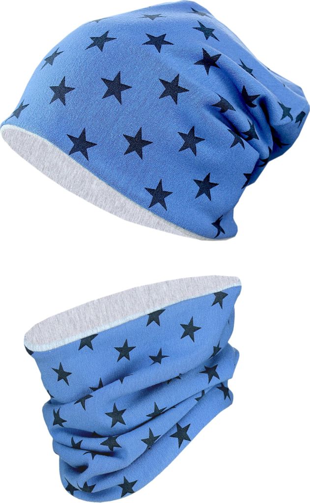 TupTam Uni Kinder Beanie Mütze Schlauchschal Set, Farbe: Graue Sterne / Jeans, Größe: 54-56