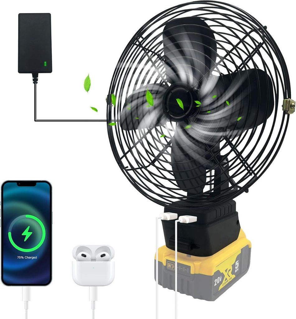 Batteriebetriebener Ventilator, tragbar für Dewalt 20 V max. Akku, 21 W 3000 U/min, kabelloser Baustellenventilator mit USB- und Typ-C