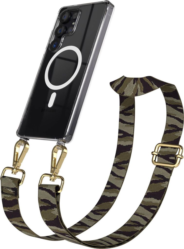 EAZY CASE - Handykette mit MagSafe Hülle für Samsung Galaxy S25 Ultra, Handyband Camouflage Style, Karabiner Gold, Umhängeband in Grün