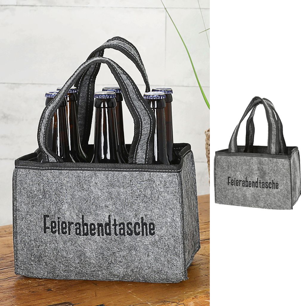 Flaschenträger 'Feierabendtasche' 22,5x15x14cm Filz Stickerei für 6 Flaschen Flaschentasche Männerhandtasche