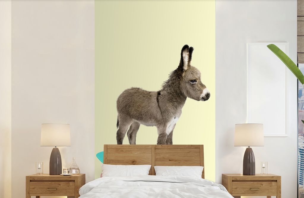 MuchoWow Fototapete für Wohnzimmer oder Schlafzimmer Wandtapete Vinyl Motivtapete Esel - Skateboard - Braun - Tiere - Gelb - 120x240 cm - Hinter...