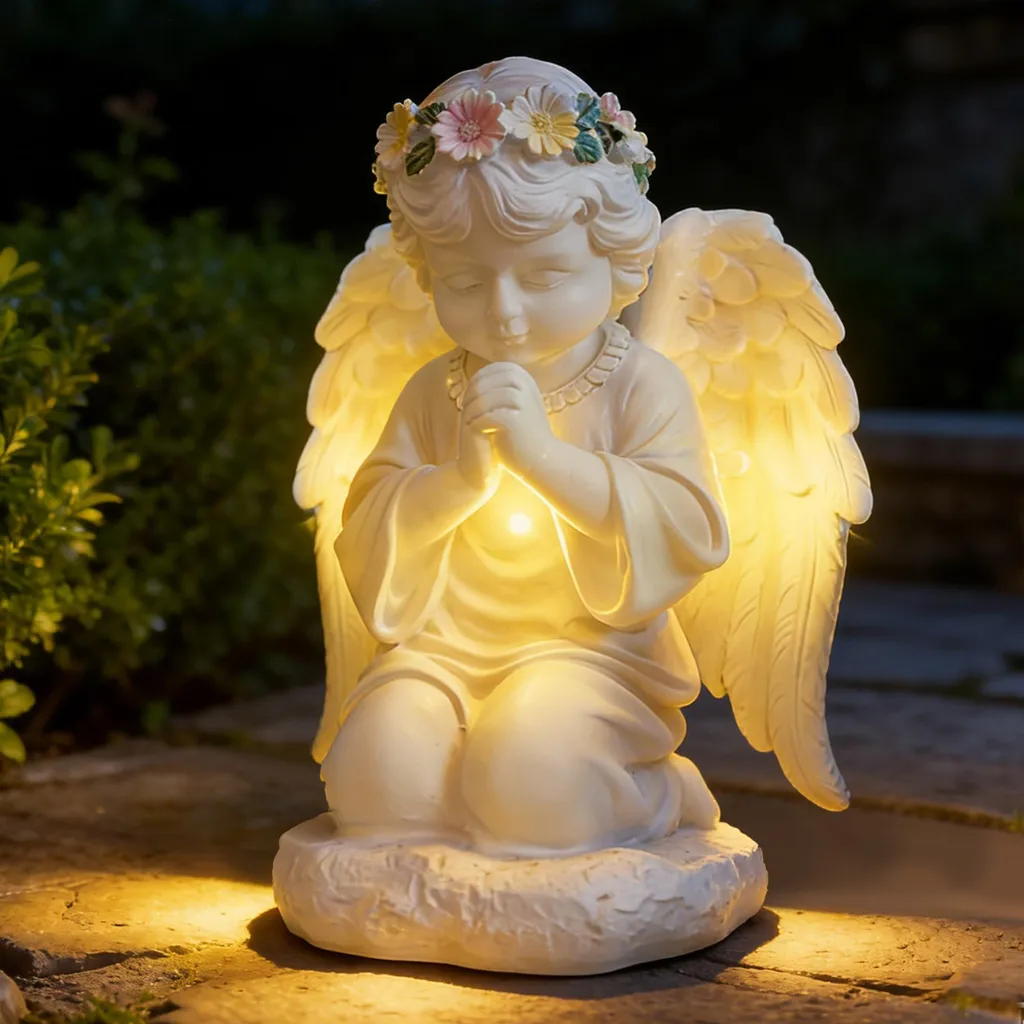 Figurine d'ange à énergie solaire pour tombe avec éclairage LED blanc