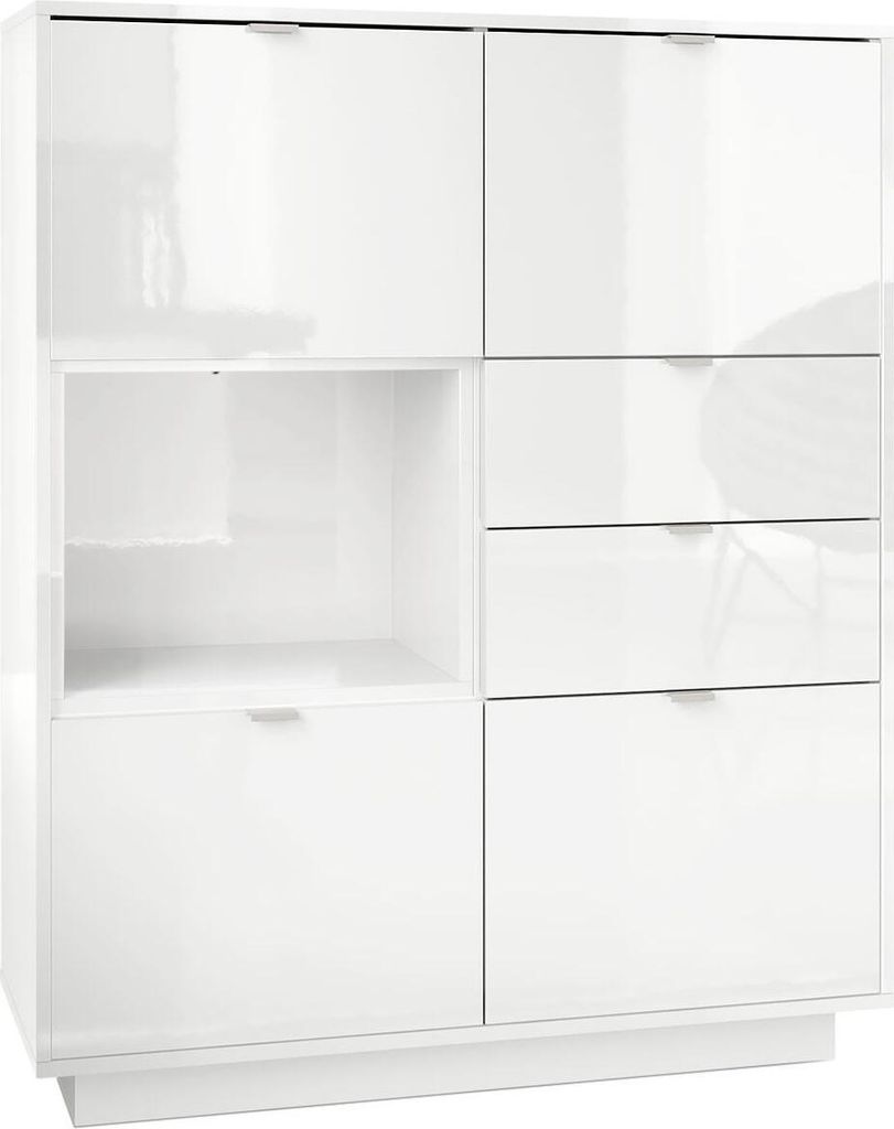 Vladon Highboard Sideboard Metro, Germany, Korpus in Weiß Hochglanz / Fronten in Weiß Hochglanz mit Einsatz in Weiß Hochglanz