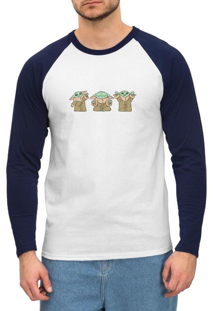 Star Wars: Mandalorian Baby Yoda Posen Baseball Langarmshirt Herren, XL, Weiß/Navy