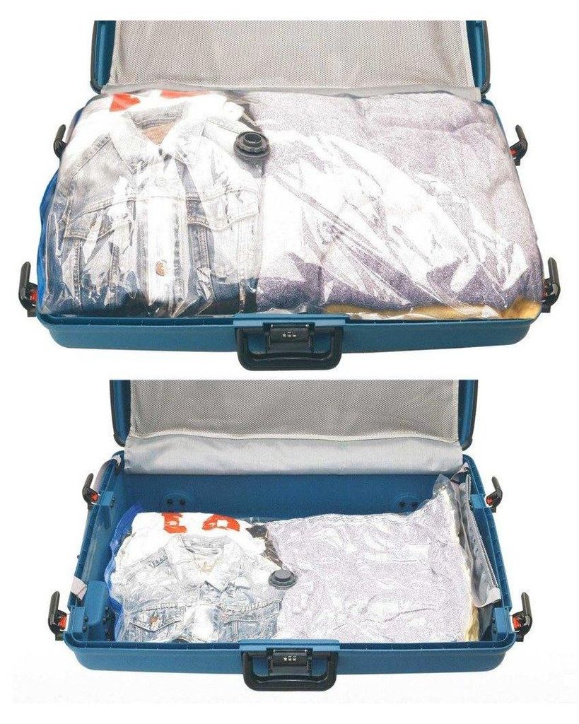 Two images of an open suitcase with vacuum-sealed bags of clothes inside.