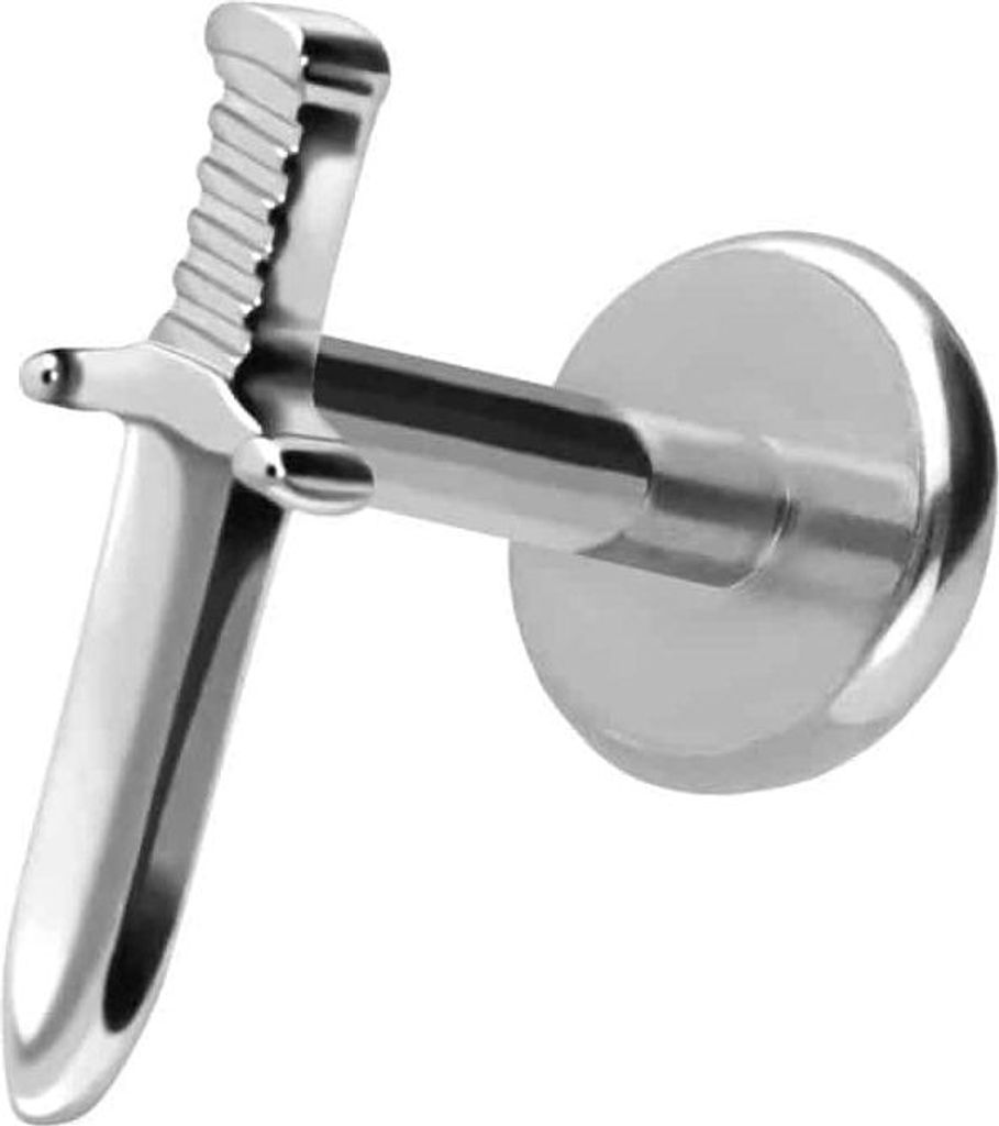 Ohrpiercing, Nasenpiercing Titan Labret mit Push Fit SCHWERT Silber Stablänge: 9mm | Stabstärke: 1mm