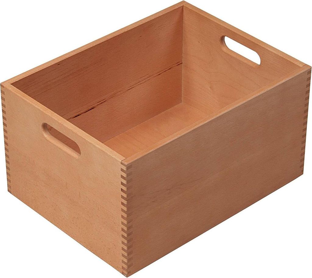 A wooden storage box with handles.