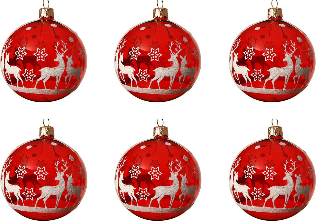 Weihnachtskugeln Glas 8cm Motiv Rentiere 6er Set - Rot Produktbild 