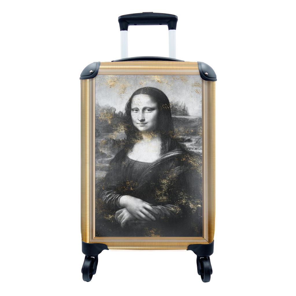 MuchoWow Koffer Handgepäck Trolley Rollkoffer Kleine Reisekoffer mit 4 Rollen - Mona Lisa - Da Vinci - Gold - Rahmen - Cabin Size < 55x40x23 cm ...