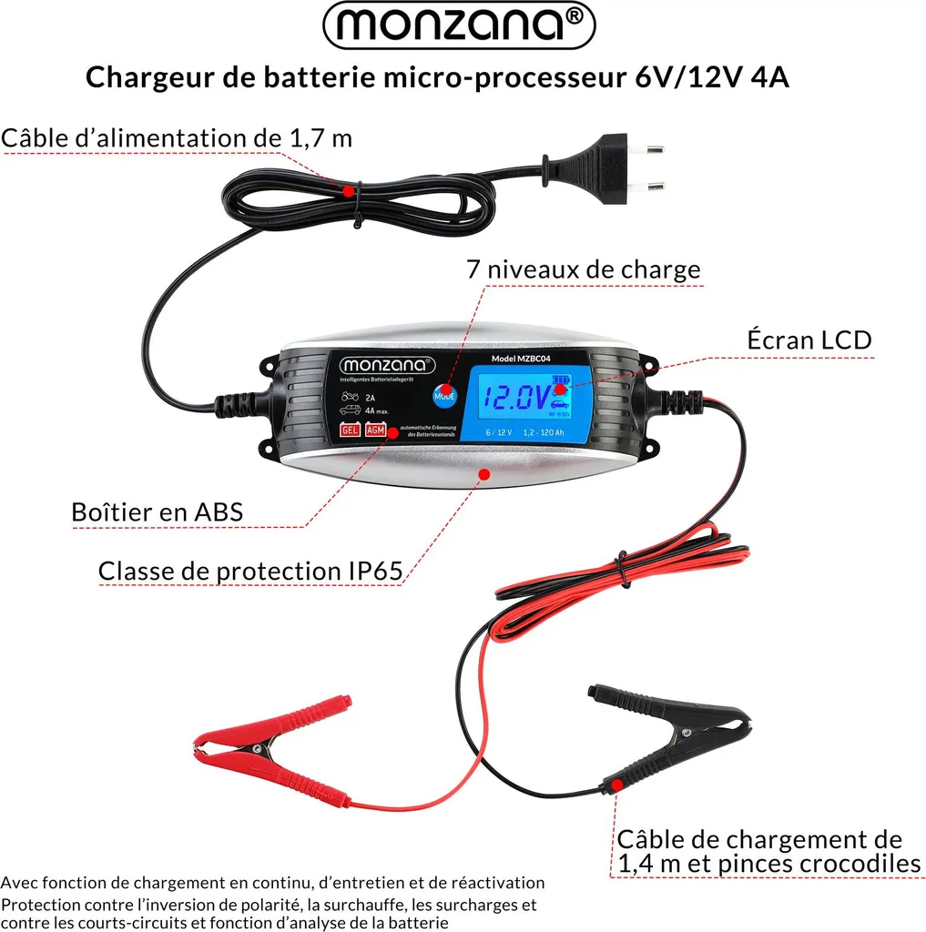 Chargeur de batterie voiture et moto avec écran LCD et mode 6V 12V