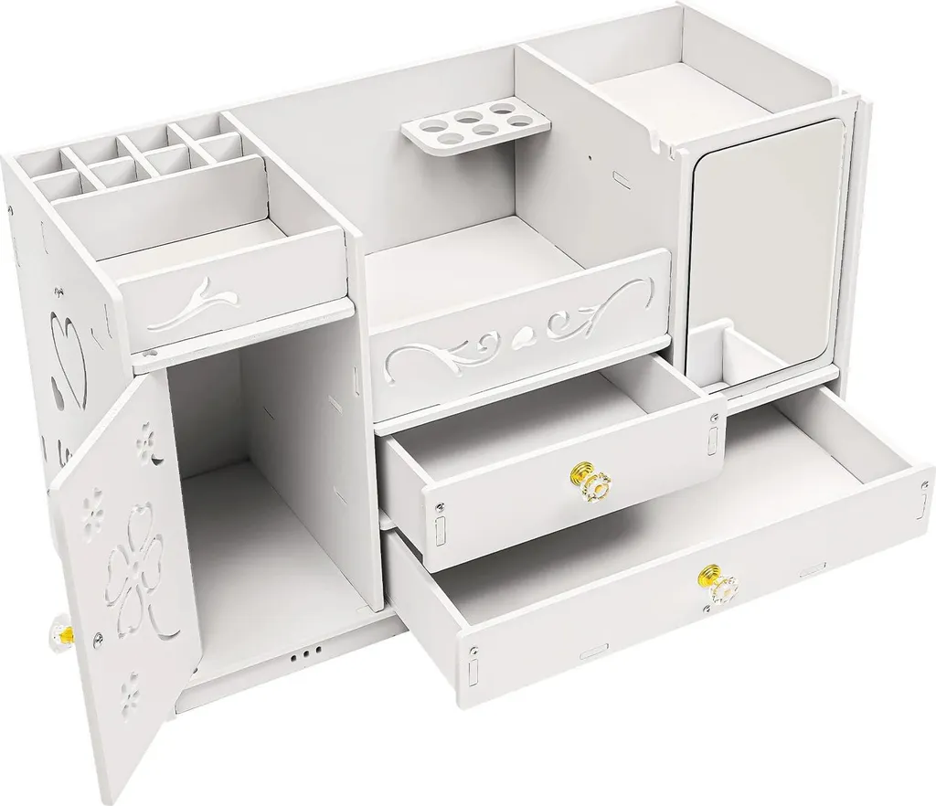 Organiseur cosmétiques blanc aspect bois - Boîte de rangement avec miroir