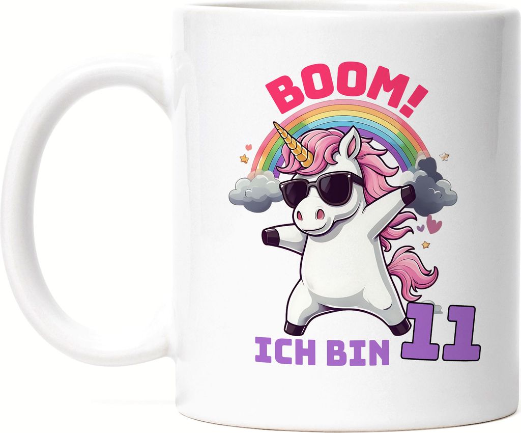 Boom Ich Bin 11 Tasse Weiß Kindergeburtstag Einhorn Geschenk Party Dabbing Regenbogen Spaß