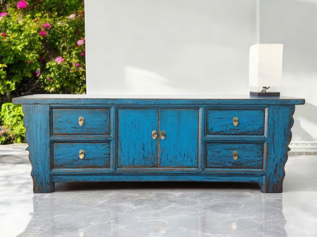 Chinesisches Lowboard Sideboard Kommode Schrank Möbel orientalisch asiatisch Büffet Anrichte blau China Shabby Chic Vintage Holz