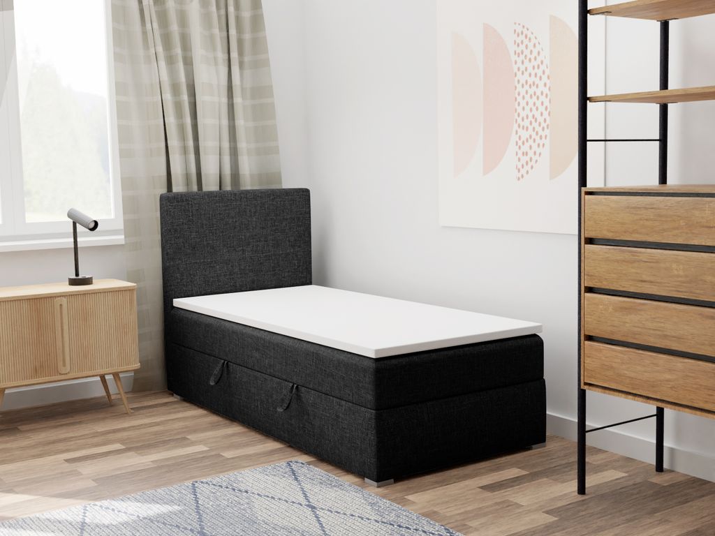 FEDVE Boxspringbett Einzelbett KOLORADO MINI mit Bettkästen Jugendbett mit Bonell-Matratze und Topper 90x200 Links