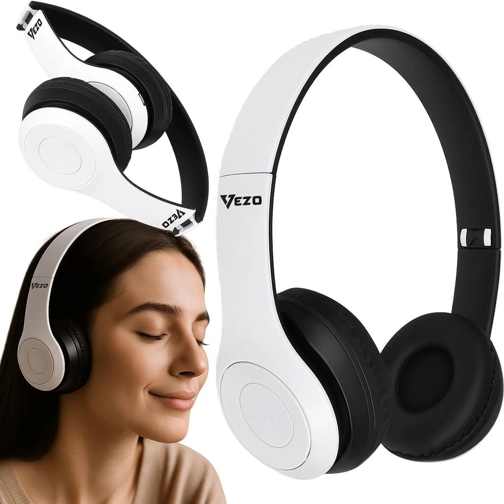 Vezo kabellose Over-Ear Bluetooth Kopfhörer MP3 Sport Gaming faltbar Mikrofon microSD USB-C weiß