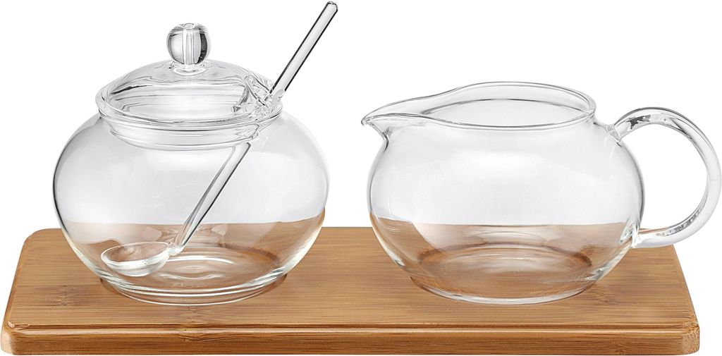 Weis Zucker-/Sahne Set Glas mit Bambustablett, klar/natur, Produktbild 
