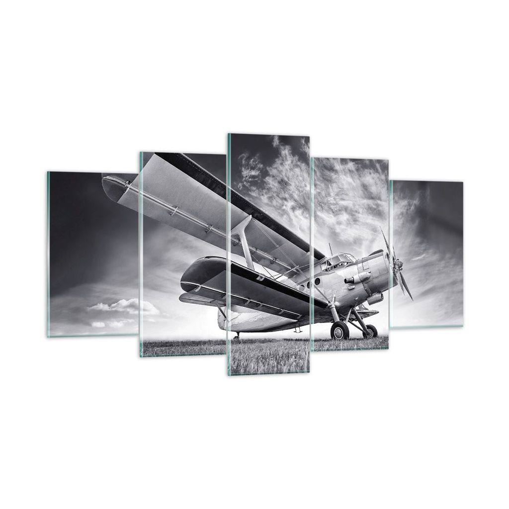 Bilder auf glas - 5 Teile - Flugzeug An-2 Schwarzweiß - 160x85cm - Glasbilder - Wandbilder - Bilder - zum Aufhängen bereit - Wanddekoration aus G...